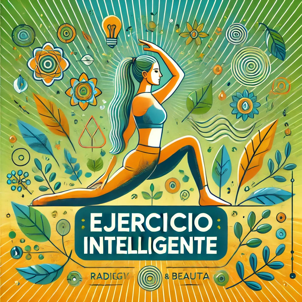 DALL·E 2024-10-02 09.19.57 - A square image representing the concept of exercise for radiant health and beauty. Show an active woman doing yoga or stretching, surrounded by na